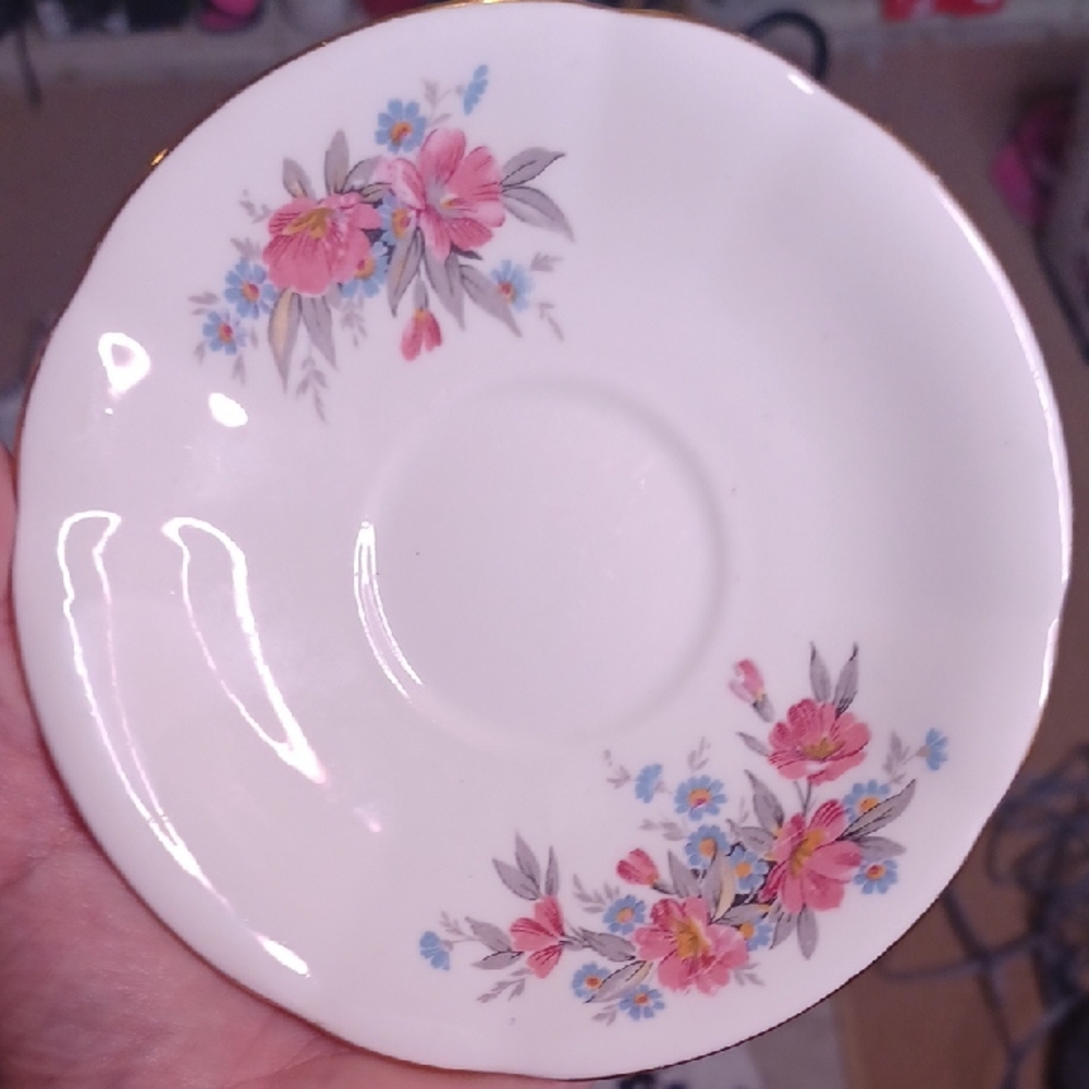 Charming Floral Saucer with Pink and Blue Blooms Bone China
